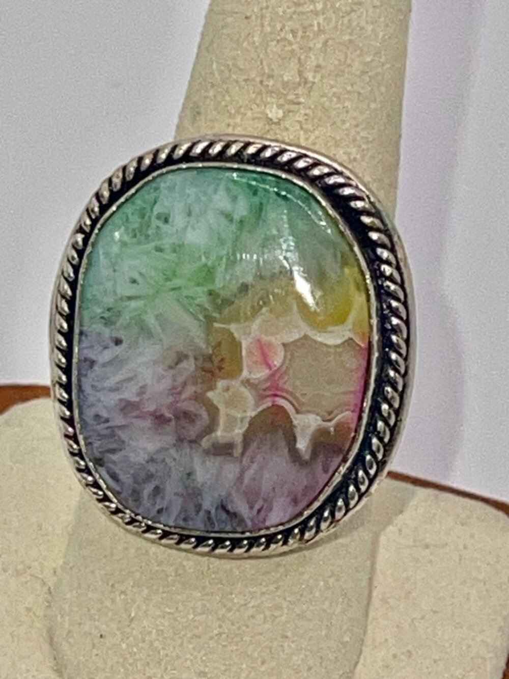 Rainbow Quartz Ring With Sterling Silver Rope-Style Setting - Unique Multicolor